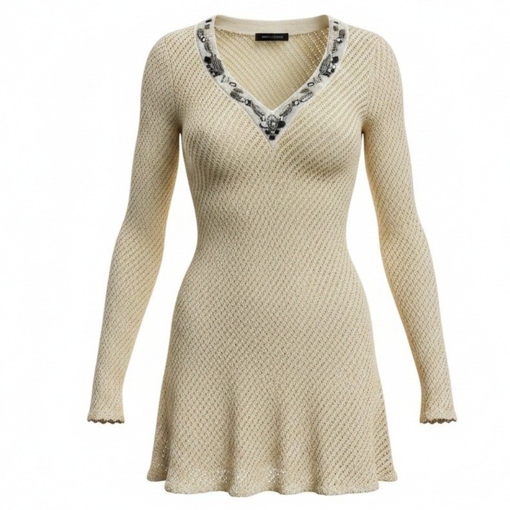 BKE Boutique S Cream Beaded V-Neck Crochet Knit Tunic Boho Festival Fairycore